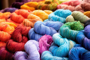 A display of vibrant handdyed yarn, arranged in a rainbow of colors and textures, all spun and dyed by hand. - obrazy, fototapety, plakaty
