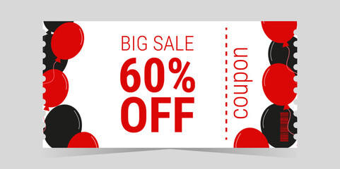 Discount voucher and sale coupon template layout. Discount from 60 percent black and red balls on a white background. Black and red design. Coupon with a big discount. Isolated vector illustration.