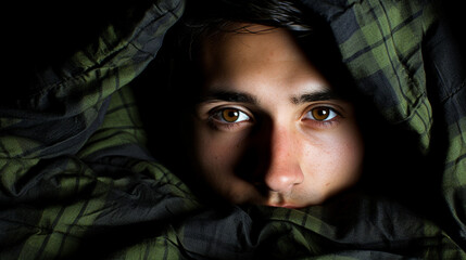 Young Man, italian or hispanic or fictional, 20s, worried and lonely and sad, in bed, covered by blanket - obrazy, fototapety, plakaty