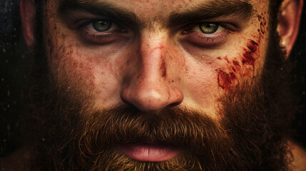 Blood-Stained Bearded Man with Determined Expression