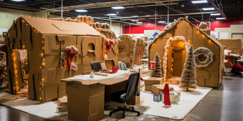 A cozy corner of the warehouse has been transformed into a makeshift holiday workshop. Cardboard boxes have been turned into DIY gingerbread houses and employees work together to create