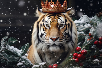 Closeup of a regal tiger wearing a crown of holly and berries, surveying its territory as snow begins to gently fall around it.