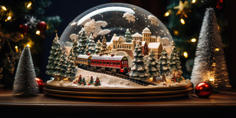 A closeup shot of a magnificent snow globe centerpiece, displaying a festive holiday train chugging through a snowy landscape and over a quaint bridge.