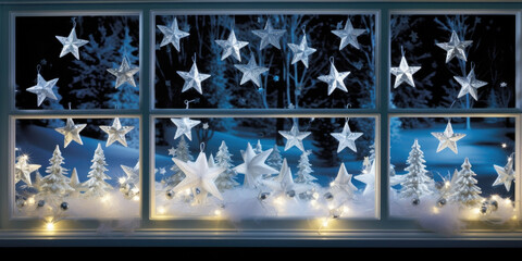 Frosty stars ling on a window, their crystal clear centers surrounded by a delicate frost outline.