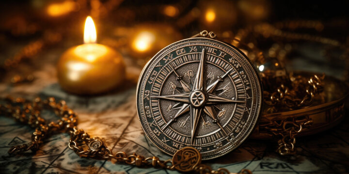 Closeup of a mystical compass used by Viking explorers, adorned with symbols of the nine worlds from Norse mythology.