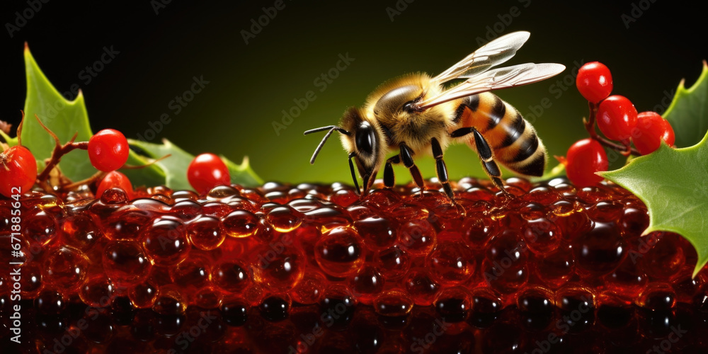 Poster a bee delicately painting tiny patterns on a holly leaf using drops of colored nectar, creating a be