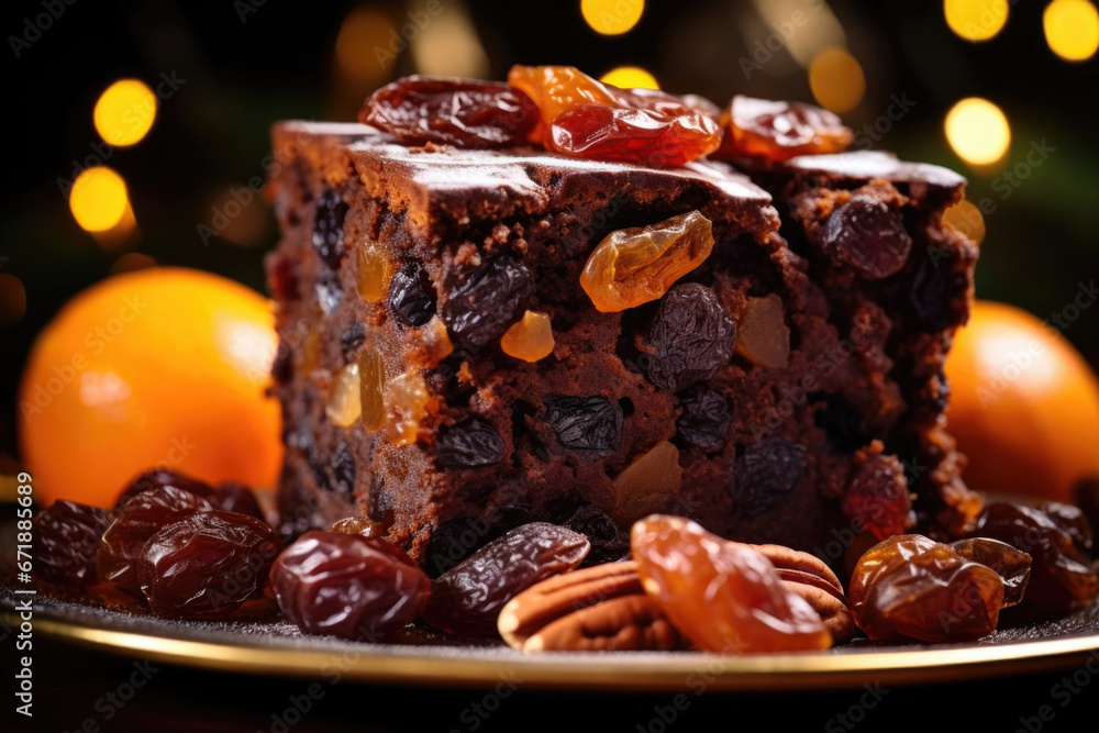 Poster macro shot of a slice of chocolate fruitcake, showcasing its dense and rich texture studded with chu