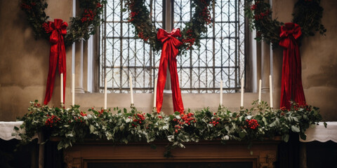 Fototapeta na wymiar A wreath of holly leaves and red ribbons, hanging above the altar as a symbol of protection and prosperity during the winter months.