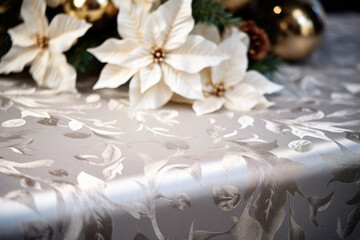 Detailed view of a white and silver damask tablecloth, featuring a repeating pattern of elegant poinsettias and delicate ornamental scrolls.
