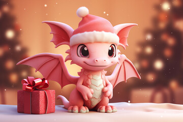 Cute 3D red dragon with big eyes and wearing a Christmas red hat, holding a red square gift box standing against the background of holiday trees without focus. Generative AI - Powered by Adobe