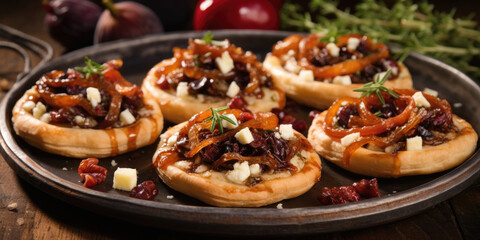 An array of savory tarts, featuring toppings like caramelized onions and brie, prosciutto and figs, and roasted tomatoes and goat cheese. - obrazy, fototapety, plakaty