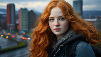 Young red-haired woman in grey sweater gazes at city skyline, lost in contemplation amid the urban hustle and bustle.