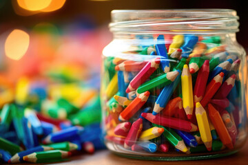 Obraz premium Closeup of a jar filled with discarded crayon pieces, ready to be melted down and poured into festive holiday molds to create fun and unique crayons.