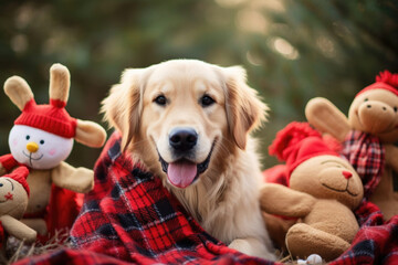 Closeup of a handsome golden retriever wearing a festive plaid scarf, frolicking in the freshly fallen snow with a group of playful reindeer plush toys.