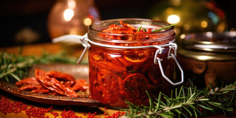 Closeup of a jar of homemade sundried tomatoes, preserved in olive oil and herbs, tied with a sprig of rosemary for a touch of holiday greenery.