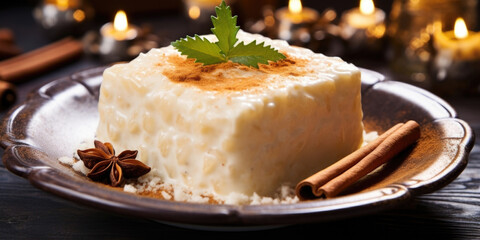 Closeup of a square of creamy, cinnamoned Arroz con Leche, a traditional rice pudding dessert enjoyed during Christmas time in many Latin American countries.