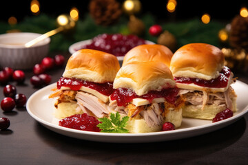A plate of festive sliders topped with leftover turkey, stuffing, and cranberry sauce, all...