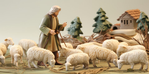 In the foreground, a humble shepherd tends to his flock of sheep, unaware of the extraordinary...