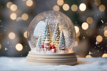 Fototapeta na wymiar A breathtaking snow globe centerpiece, capturing the essence of Christmas with its sparkling snow, ling lights, and joyful scenes of the holiday season.