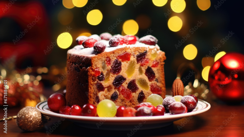 Poster macro shot of a slice of fruitcake, with its dense and crumbly texture loaded with colorful fruits a