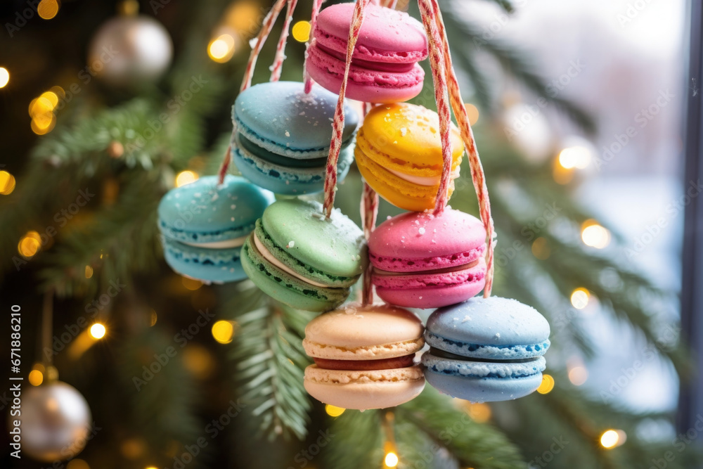 Poster a set of colorful macarons hang gracefully from the branches of a christmas tree, adding a touch of 