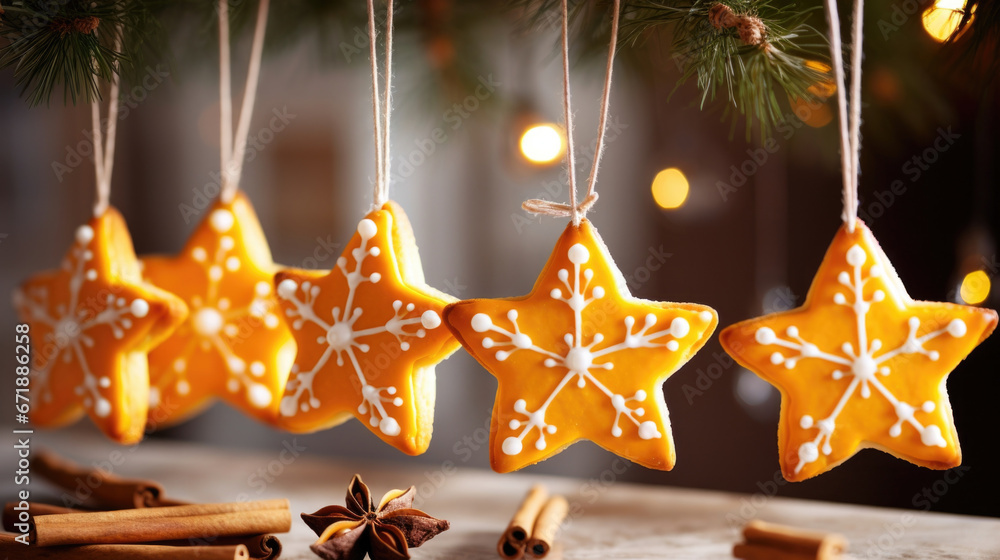 Poster vibrant and fragrant citrusinfused sugar cookies in the shape of stars, ready to be hung on the tree