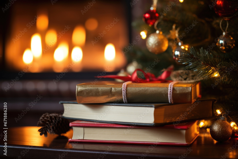 Poster the festive book stack sits in front of a glowing fireplace, creating a warm and inviting atmosphere