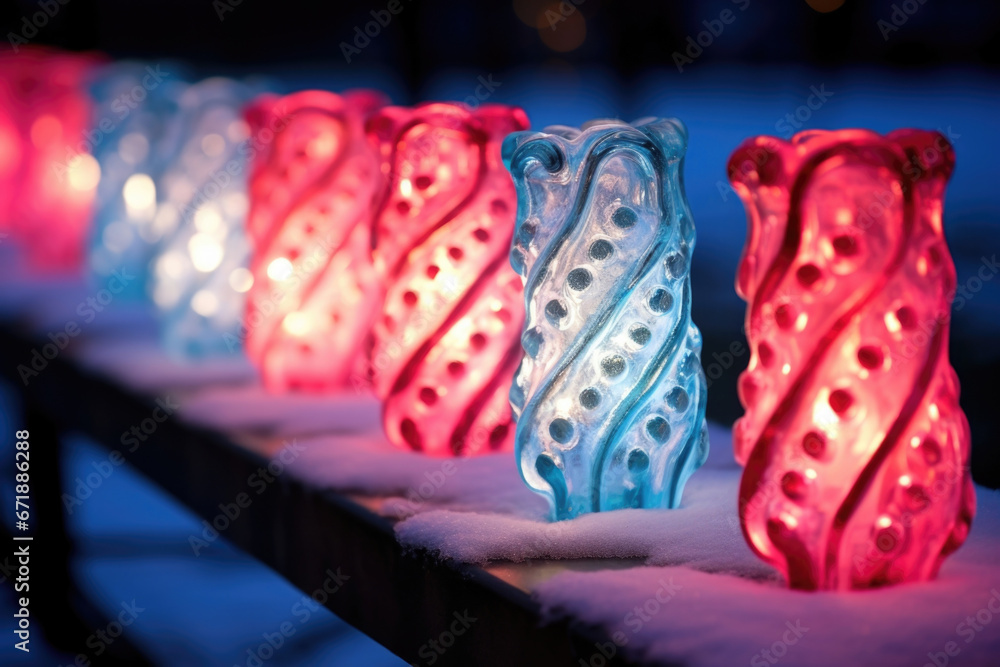 Poster a row of candy caneshaped pathway lights, with intricate patterns etched into the frozen surface of 