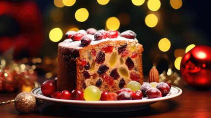 Macro shot of a slice of fruitcake, with its dense and crumbly texture loaded with colorful fruits and nuts like cherries, raisins, and almonds.