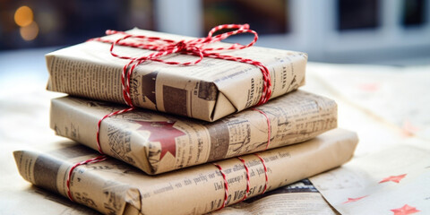 Closeup of a stack of presents wrapped in recycled newspaper, showcasing a creative and ecofriendly alternative to traditional wrapping paper. - obrazy, fototapety, plakaty