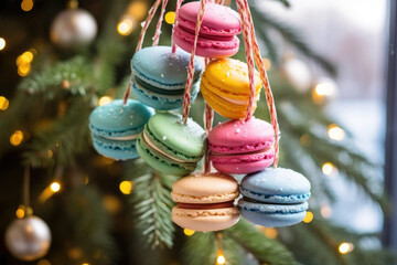 A set of colorful macarons hang gracefully from the branches of a Christmas tree, adding a touch of sweetness to the holiday decor.