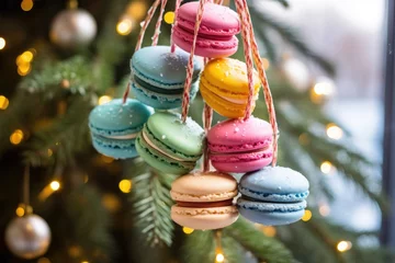 Fototapete Macarons A set of colorful macarons hang gracefully from the branches of a Christmas tree, adding a touch of sweetness to the holiday decor.