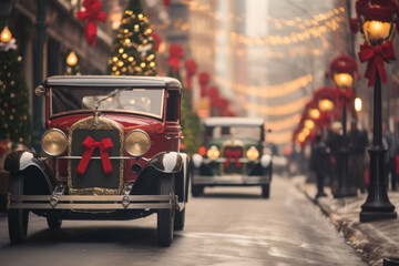Closeup of a bustling street in the 1920s, with vintage cars and storefronts decorated for Christmas.