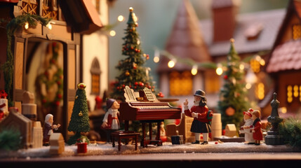 Closeup of a charming Christmas market scene, with a small stage set up for carolers to sing traditional holiday songs, adding to the festive ambiance.