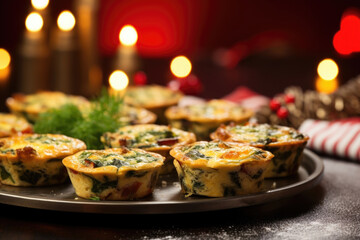 Closeup of a tray of mini paleo quiches, made with a grainfree crust and filled with spinach, mushrooms, and bacon. - obrazy, fototapety, plakaty
