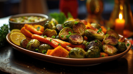 Closeup of a colorful vegetable platter, featuring roasted carrots, Brussels sprouts, and pars, tossed in a homemade garlic and herb seasoning, ideal for a Whole30 Christmas dinner. - obrazy, fototapety, plakaty