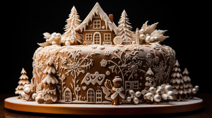 As you look closer at the gingerbread layers, you can see intricate designs and patterns etched into the icing.