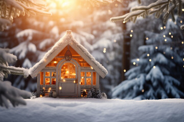 A peaceful cabin in the woods, surrounded by trees laden with snow, the ideal backdrop for a morning meditation or yoga session, connecting with the magic and peace of the holiday season. - obrazy, fototapety, plakaty