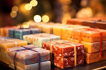 Naklejka na ściany i meble A display of handmade soap bars, each one formulated with natural ingredients and wrapped in delicate paper.