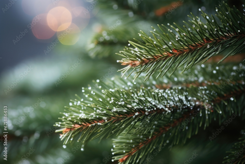Poster detailed shot of a single pine branch, covered in tiny delicate needles, adding texture and depth to