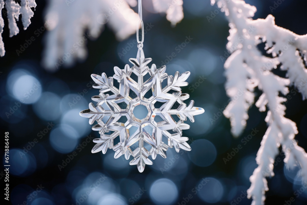 Poster the detailed craftsmanship of a crystal snowflake ornament is highlighted in this closeup shot. each