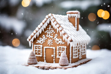 Closeup of a beautiful homemade gingerbread house proudly displayed on a picnic table, with snowcovered trees in the background.