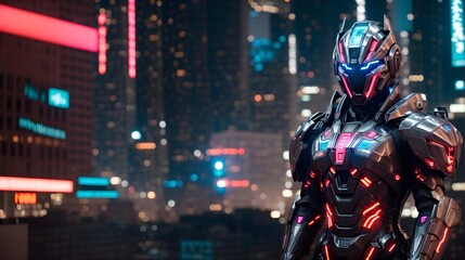 Fototapeta na wymiar cyborg soldier in neon city