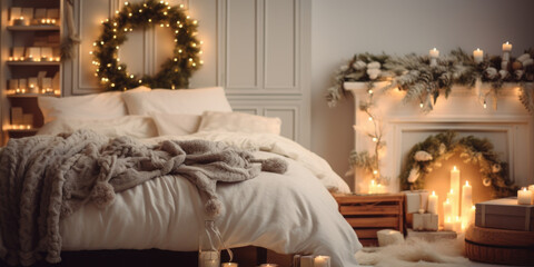 A tiny loft bedroom is decorated with a string of garland and a mini wreath, illuminating the space...