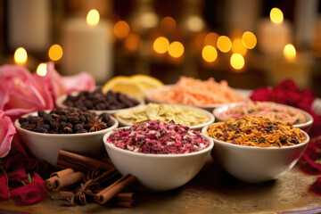 A collection of colorful and unique tea blends, made with flowers, fruits, and es. Each blend has its own set of health benefits and is prized for its medicinal qualities.