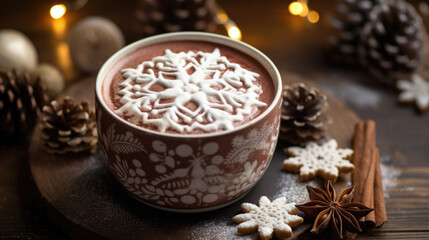 Obraz na płótnie Canvas A closeup of a cup of hot cocoa with a dusting of cinnamon, but instead of traditional marshmallows, there are small, edible mandala designs, representing the beauty and balance of the universe.