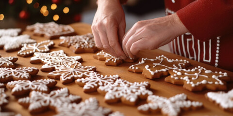 Closeup of a skilled baker meticulously icing and decorating dozens of gingerbread cookies to be sold at a holiday market. - obrazy, fototapety, plakaty