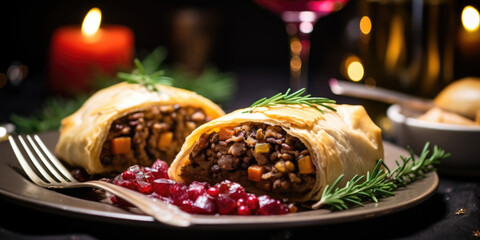 Closeup of a savory and hearty wild mushroom and lentil Wellington, wrapped in flaky pastry and served with a side of tangy cranberry sauce. This vegan twist on a classic holiday dish is - obrazy, fototapety, plakaty