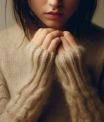 Woman in sweater warming her hands - obrazy, fototapety, plakaty