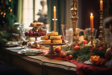 A glimpse of a wealthy merchants home in Renaissance Italy, with a lavishly decorated dining room and a feast of decadent holiday treats for guests. - Powered by Adobe